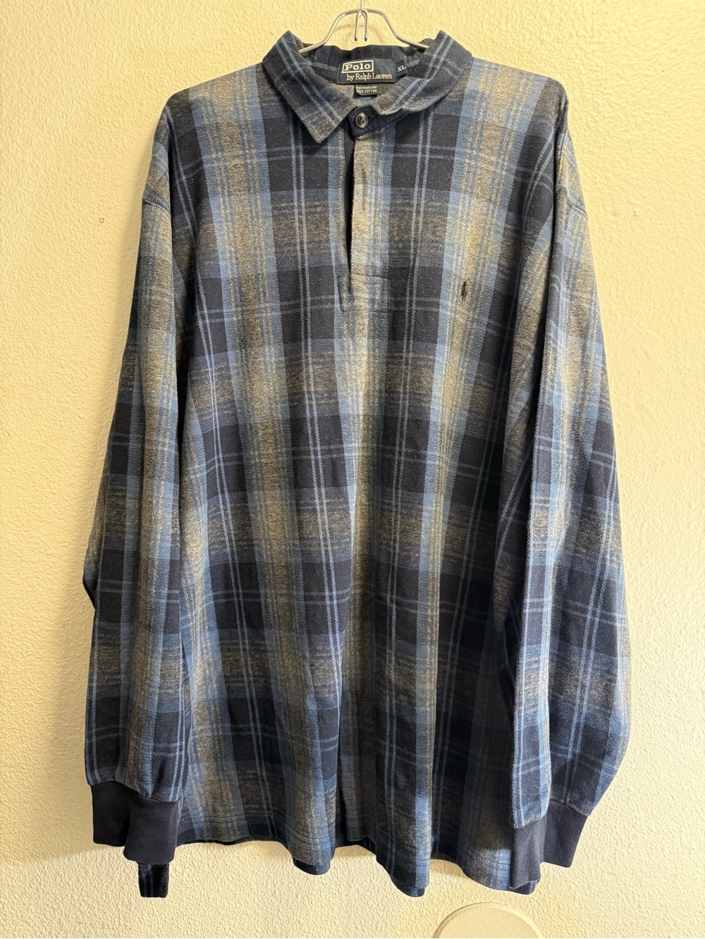 VTG polo Ralph Lauren men size Xl Blue and Navy Plaid Long-Sleeve Polo Shirt